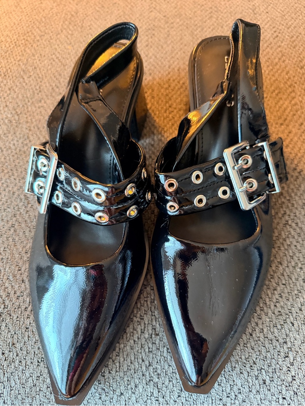 Patent Black Pointed Slingback Heels with Grommet Strap